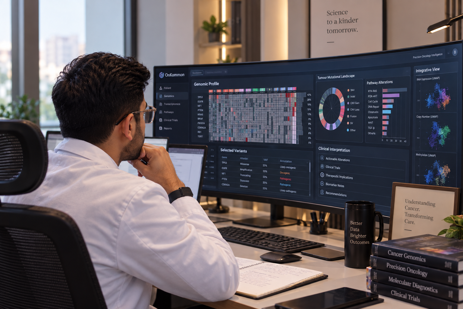 Dr. Bharat Kwatra reviewing genomic data at a workstation.